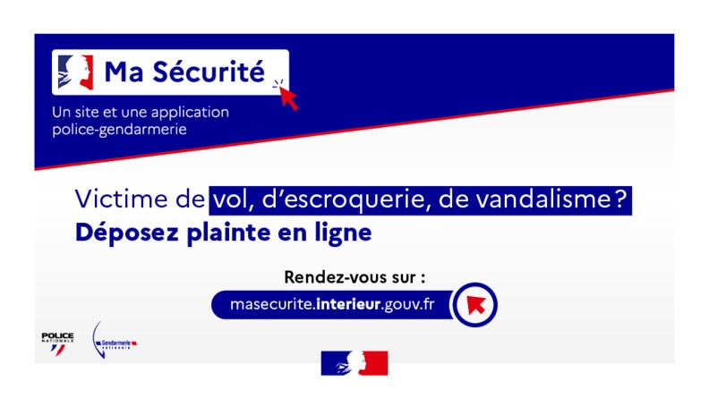 Image d'une annonce officielle, aux couleurs bleu, blanc, rouge, incitant les victimes de vol, d'ecroquerie ou de vandalisme à déposer plainte en ligne.