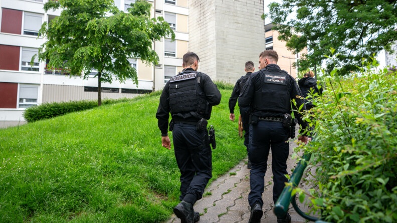 Agrandir l'image Des gendarmes avancent sur un sol légèrement en côte, au milieu d'ensembe d'immeubles, au coeur d'une cité. Ils se tiennent de dos. On peut lire "Gendarmerie" au dos de leur veste.
