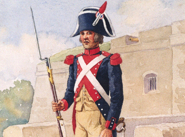 Portrait en peinture d'un gendarme en 1792 tenant un fusil dans sa main droite, devant un b&acirc;timent beige