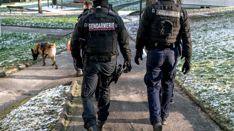 Vue de dos sur une patrouille de deux gendarmes mobiles, un gendarme départemental et une équipent cynophile descendant sur un chemin dans une résidence