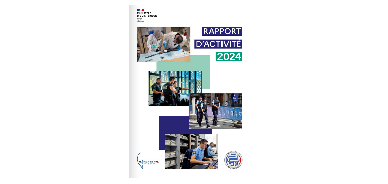 Agrandir l'image Page de couverture du Rapport d'activité 2024 portant cette mention en haut à droite. En haut à gauche le logo du ministère de l'Intérieur, en bas à gauche, celui de la gendarmerie, et en bas à droite la rondache du PJGN. Au coeur, quatre photos en quinconce illustrant les activités du PJGN.