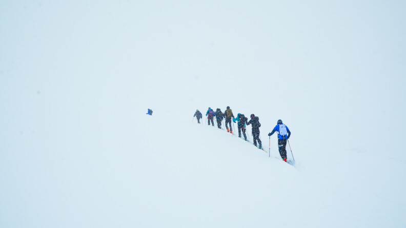 Sept personnes et un guide montent dans la neige