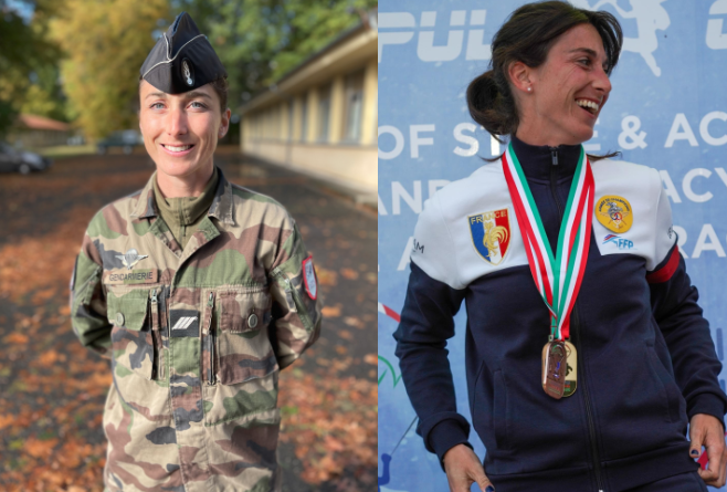 A gauche, la sportive Léocadie Ollivier de Pury en tenue de gendarme. A droite, la sportive sur un podium avec une médaille au cou.