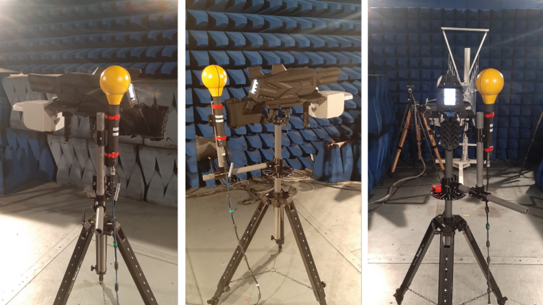 Mesures réalisées sur un fusil de lutte anti-drone dans un espace spécialement dédié.