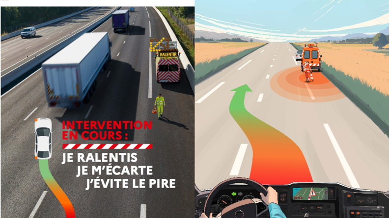 Agrandir l'image Deux affiches indiquant où changer de couloir lors d'une intervention sur voie routière, à gauche sur l'autoroute et à droite, sous forme de dessin, sur la route