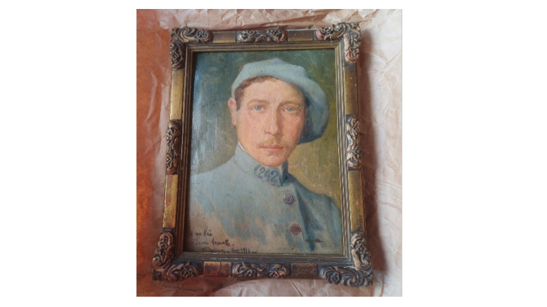 Agrandir l'image une peinture autoportrait envoyée depuis les Dardanelles par un soldat à sa mère domiciliée à La Berthenoux (36).