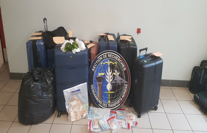 Agrandir l'image Saisies de 242 kg de khat et 28 000 euros par la sections de recherches de la gendarmerie des transports aériens.