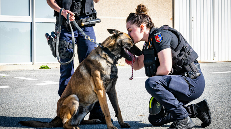 Photo d'un chien de gendarmerie et son maitre. La femme est accroupie et embrasse son chien sur le haut de la tête.