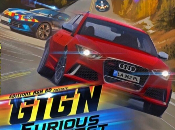 Agrandir l'image Première de couverture de la BD du GIGN. Deux véhicules de la gendarmerie suivent une voiture rouge. Dans le ciel il y a un hélicoptère.
