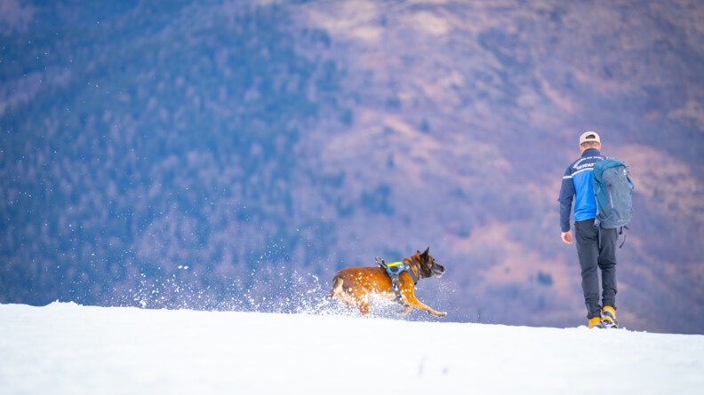 Un gendarme maitre chien et son compagnon à quatre pattes dans la neige.