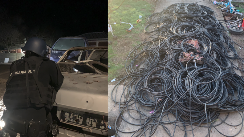 Photo de gauche d'un gendarme mobile de dos un genou &agrave; terre devant un v&eacute;hicule blanc &eacute;pave. D'autres v&eacute;hicules en arri&egrave;re plan et photo de nuit. Photo de droite plusieurs dizaines de kilos de c&acirc;bles
