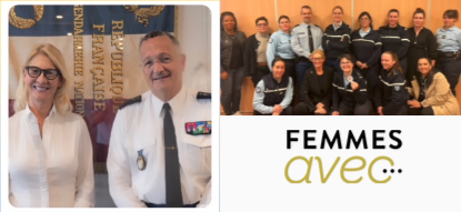 MOntage de trois photos: à gauche, le directeur général de la gendarmerie nationale en chemise blanche avec Muriel Reus en chemise blanche; en haut à droite sur deux ligne une dizaine de gendarmes avec trois femmes; en bas à droite le logo de l'Association "Femmes avec"