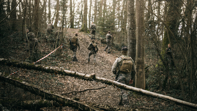 Une dizaine de gendarmes et militaires en treillis dans la forêt