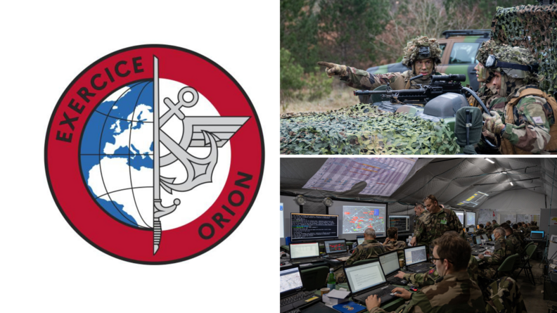 A gauche le logo de l'exercice Orion, à droite en haut, trois militaires grimés et casqués sur un véhicule équipé d'une mitrailleuse; en bas à droite des militaires dans un poste de commandement