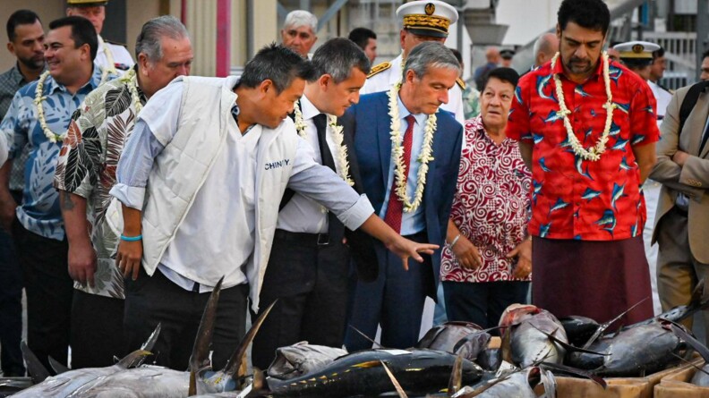 G&eacute;rald Darmanin &eacute;changeant avec des p&ecirc;cheurs devant des poissons morts au sol devant eux