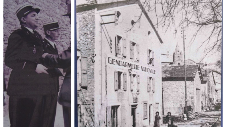 Sur la partie gauche de l'image, un gendarme en uniforme se voit remettre une m&eacute;daille (photo en noir et blanc), tandis que sur la partie droite, on aper&ccedil;oit la fa&ccedil;ade d'un b&acirc;timent massif, portant sur sa fa&ccedil;ade, en lettres capitales, l'inscription GENDARMERIE NATIONALE (photo en noir et blanc)