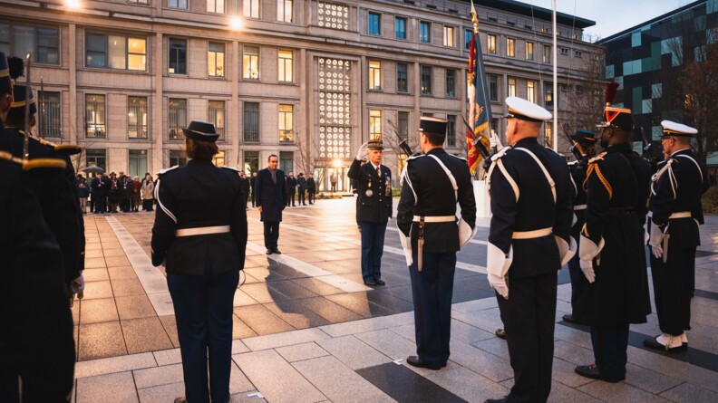 Le g&eacute;n&eacute;ral d'arm&eacute;e Jockers saluant les troupes aux c&ocirc;t&eacute;s du Ministre des Arm&eacute;es.