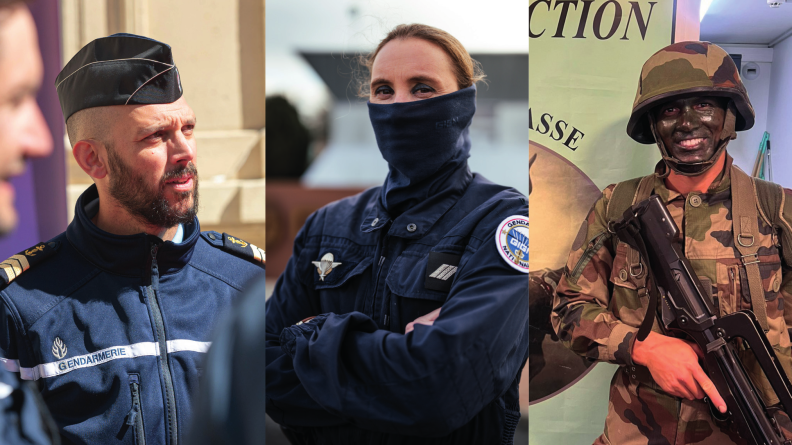 Trois portrait de gendarmes, le premier en tenue de service courant, la deuxième en tenue du GIGN et le second en tenue de camouflage.