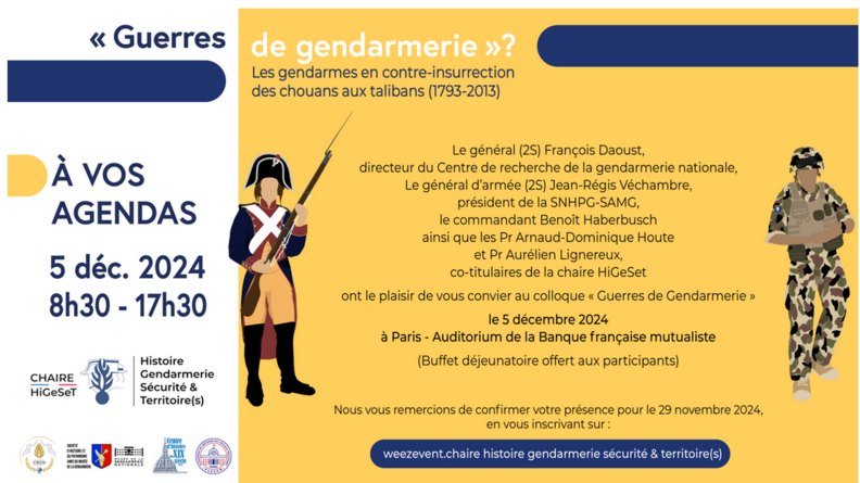 Affiche du colloque sur les Guerres de gendarmerie, sur laquelle sont représentés des soldats des différentes époques, sur fond jaune