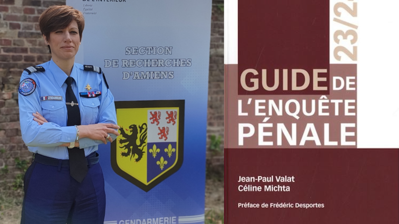 A gauche, la colonelle Céline Michta devant le kakemono de la section de recherches d'Amiens, et à droite la couverture du Guide de l'enquête pénale.