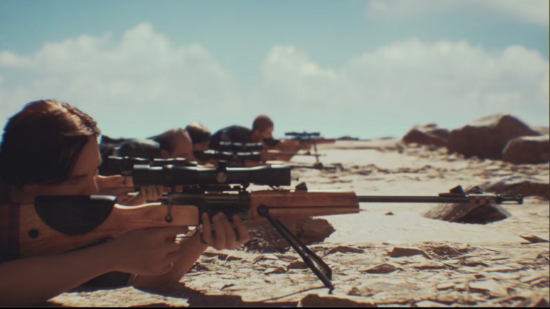 Agrandir l'image Image d'animation 3D de quatre tireurs d'élite du GIGN vus de profil, en enfilade. Ils sont allongés sur le sable, en position de tir.