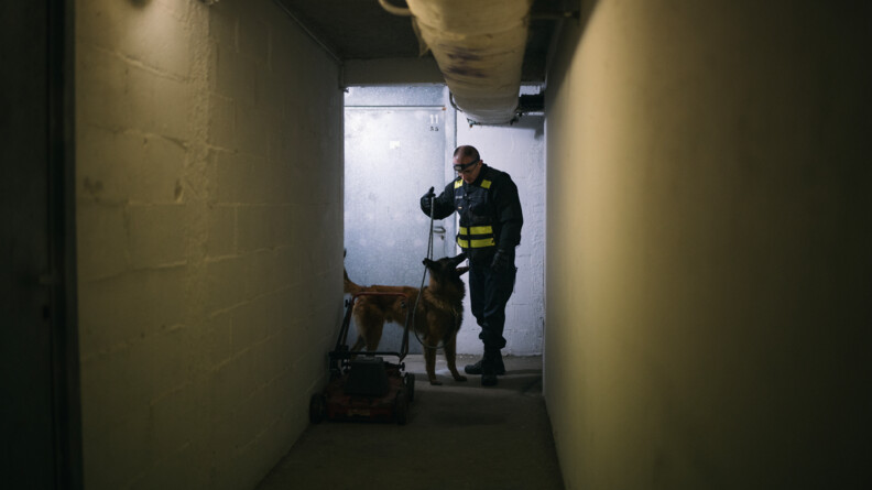 Agrandir l'image Un gendarme accompagné de son chien dans un couloir d'une cave.