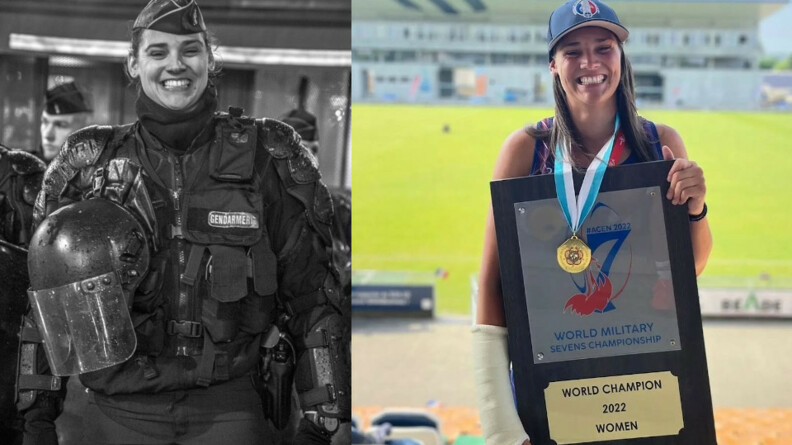 Agrandir l'image A gauche pauline en tenue de maintien de l'ordre, tout sourire. A droite, Pauline, bras droit dans le platre, médaille d'or autour du cou, tient le trophée de champion du monde de rugby à 7 féminin, tout sourire.