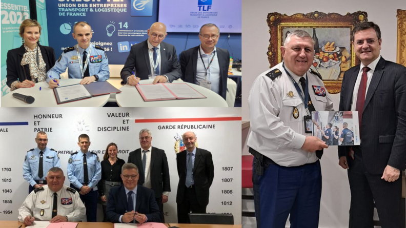 Agrandir l'image Se trouve sur cette image, trois photos illustrant le général Kim, directeur des opérations et de l'emploi et son adjoint, le général Bras, signant trois conventions avec les directeurs et directrices de la SNCF, de Transdev et de l'Union TFL.