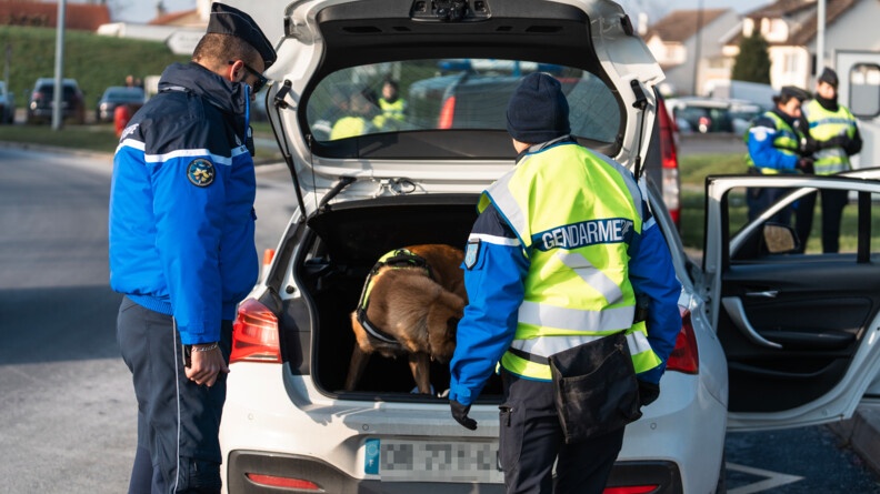 Une équipe cynophile et u autre gendarme à gauche fouillent le coffre d'un véhciule blanc, toutes portes ouvertes.