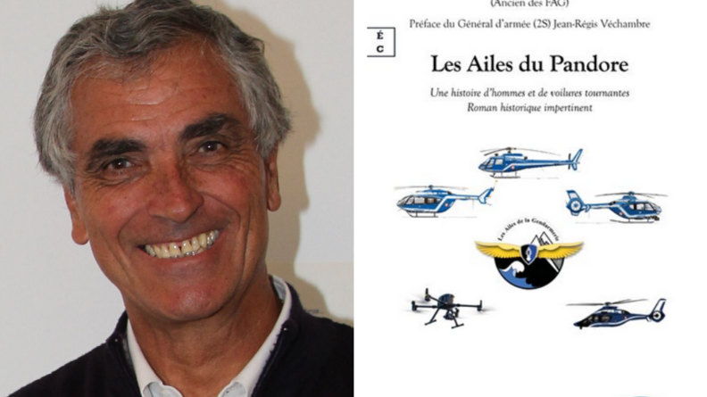 Agrandir l'image Photo du lieutenant-colonel Roger Drouin, souriant, apposée à côté de la couverture de son ouvrage "Les ailes du Pandor - Tome 2", sur laquelle sont représentés plusieurs hélicoptères, ainsi qu'un drone, sur fond blanc.