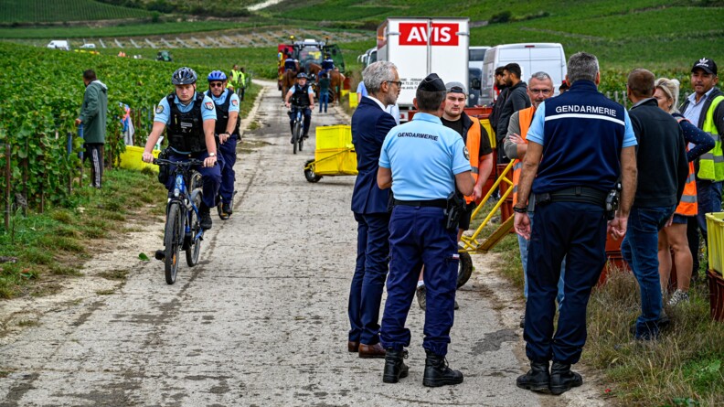 Devant un paysage de vigne, un chemin de terre coupe l'image en deux. A gauche du chemin, quelques vendangeurs travaillent. Sur la gauche du chemin, de face, trois cyclistes de la gendarmerie circulent. Au fond du chemin, un tracteur est stationné. Sur la droite du chemin, deux gendarmes piétons échangent avec un homme en costard et 6 vendangeurs, dont certains portent des chausubles jaune ou orange fluos