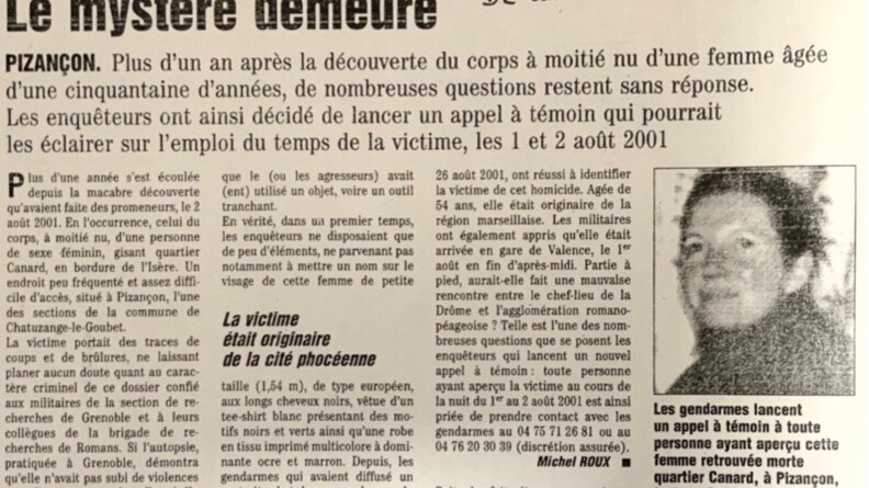 Un an après la découverte du corps, le mystère restait entier, comme en témoigne cet article paru dans le Dauphiné Libéré en 2002. Près de 19 ans après, les gendarmes l'ont percé.