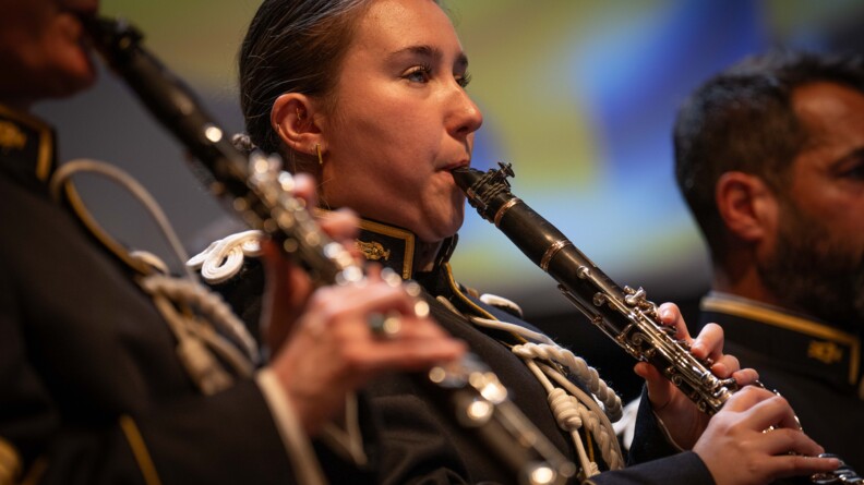 Musicienne de la Musique de la Gendarmerie mobile lors du concert au théâtre Claude Debussy de Maisons-Alfort.