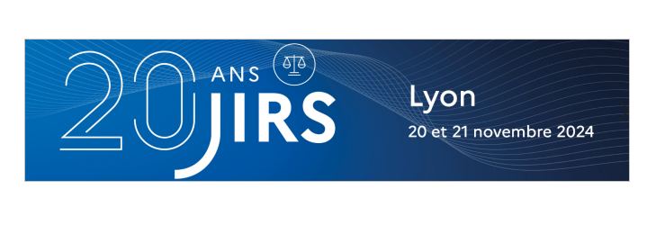 Affiche des 20 ans des JIRS. Ecriture blanche sur fond bleu avec noté dessus "20 ans JIRS - Lyon 20 et 21 novembre".