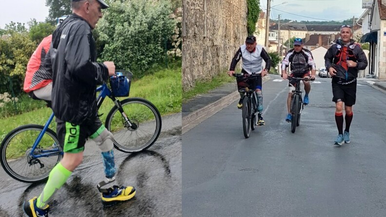 Agrandir l'image Il y a deux images. Sur l'image de gauche, un gendarme avec une prothèse à la jambe gauche court à coté d'un vélo. Sur l'image de droite, 2 gendarmes à vélo et un gendarme à pied courent ensemble en ligne dans un village.