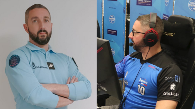 Agrandir l'image Deux portraits côte à côte, à gauche celui d'un gendarme croisant les bras et à droite celui d"un homme en t-shirt bleu et noir portant des logos, de profil, derrière un écrna d'ordinateur, porteut de lunettes avec un casque à micro