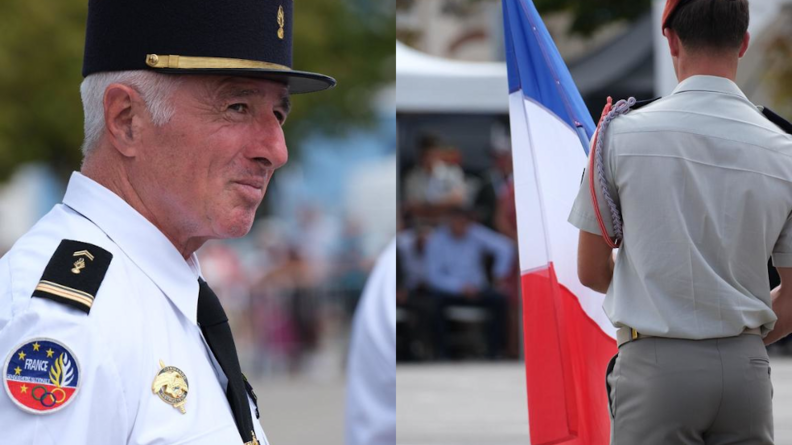 A gauche, le major de réserve Gérard, préparateur physique de l'équipe de France militaire de rugby. A droite un militaire de l'armée de Terre tient le drapeau français.