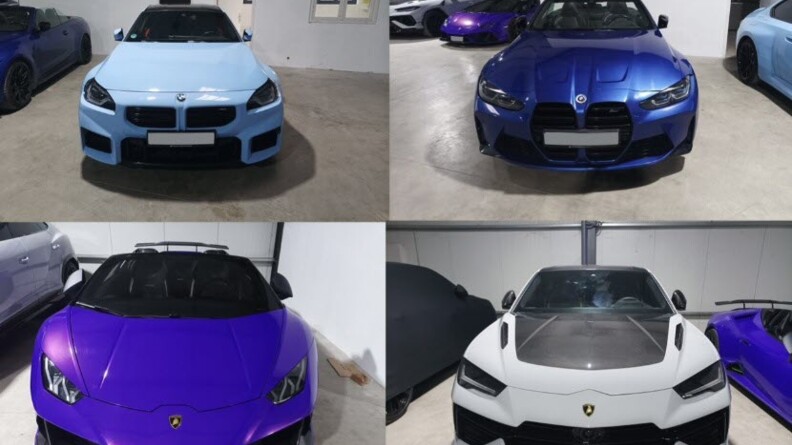 Agrandir l'image Photomontage de quatre véhicules de luxe, dont une BMW et deux Lamborghini.