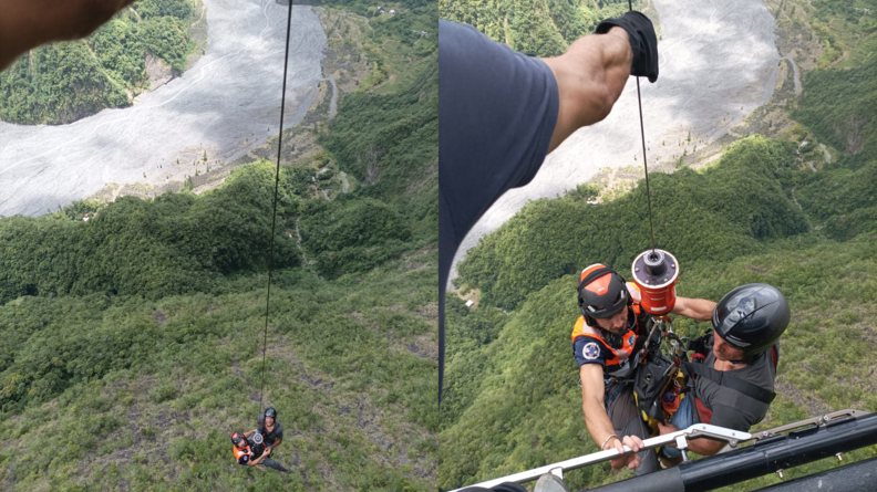 Deux images d'un secouriste gendarmerie de haute montagen vêtu d'un gilet orange avec un autre homme. La vue droite est plus rapprochée que celle de gauche