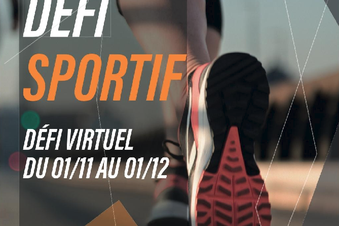 Affiche avec vue sur la semelle d'une basket orange noire et blanche et les mollets d'une personne courant, et le texte "DÉFI SPORTIF - DEFI VIRTUEL DU 01/11 au 01/12 #AVECNOSPHENIX"