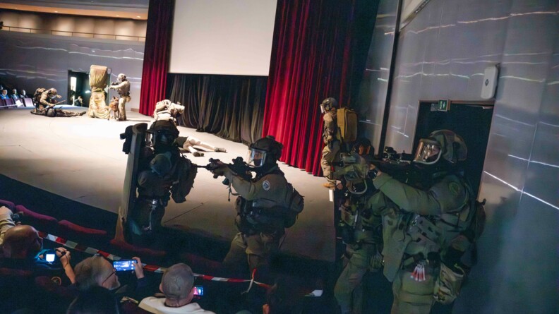 Vue d'ensemble d'une d&eacute;monstration de lib&eacute;ration d'otage par le GIGN dans un amphith&eacute;&acirc;tre