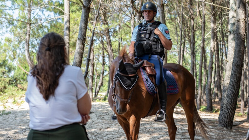 Agrandir l'image un gendarme à cheval échange avec une femme, qui est de dos vêtue d'un haut blanc et bas kaki, à gauche de l'image. Sur la partie droite, le cheval et de la cavalier, de trois quart avant droite, le cheval semblant saluer la femme. Le tout dans la pinède