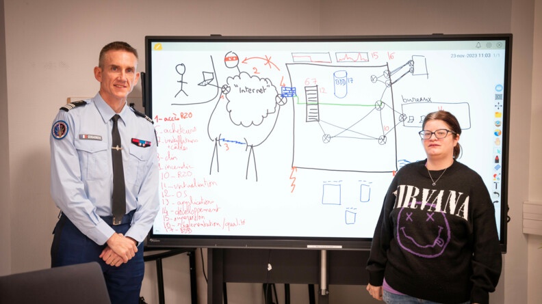 Léa et le colonel Fumery, se tenant devant un tableau numérique.