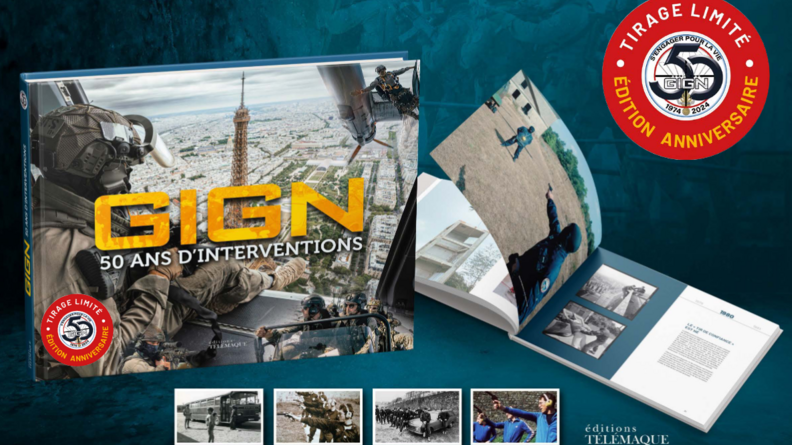 Couverture du livre GIGN 50 ans d'interventions avec rondache tirage limité - édition anniversaire.
