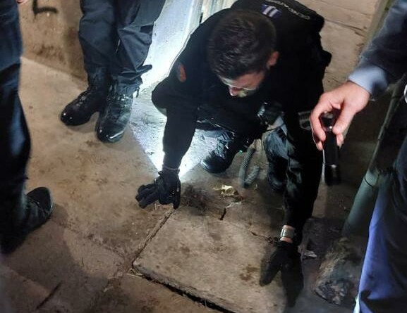 Un gendarme, accroupi, soulève une dalle sur le sol d'une cave. Autour de lui, debout, trois autres militaires.