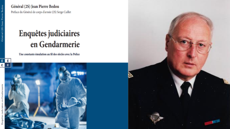 A gauche un livre en bleu et blanc titré "enquêtes judiciaires en gendarmerie; à droite le portrait d'un général de gendarmerie portant des lunettes