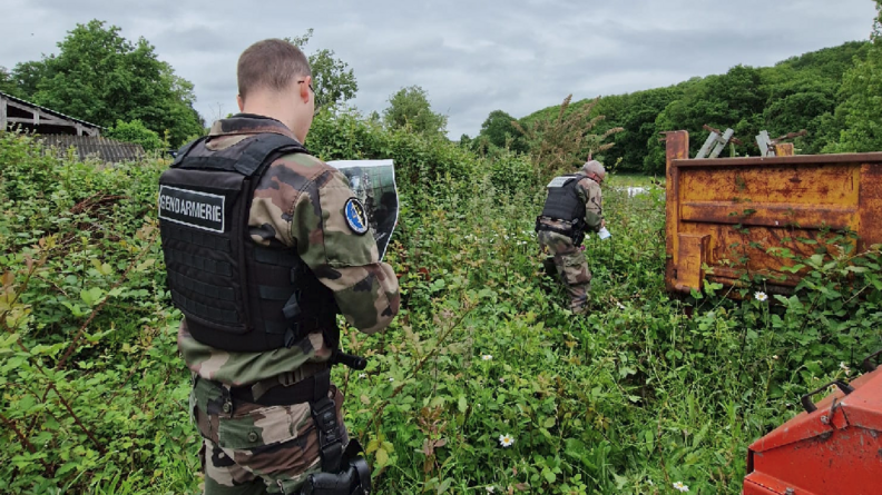 Deux gendarmes évoluent au coeur d'un végétation dense et relativement haute, s'approchant un grand containeur, duquel dépassent quelques objets.