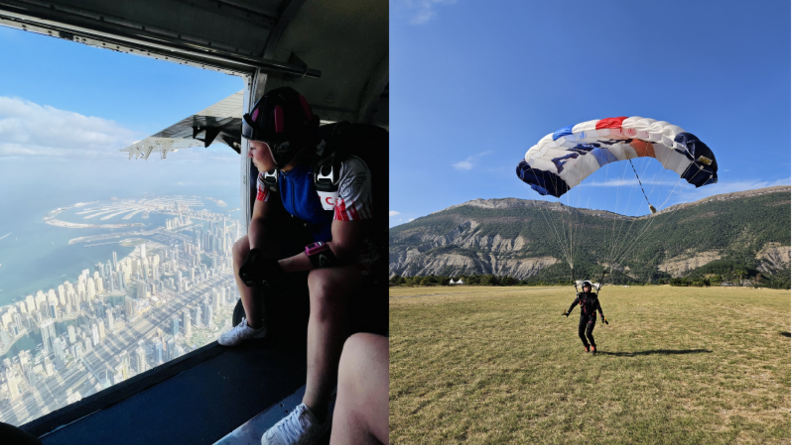Sur la gauche l'adjudante Maud, assise dans un avion porte ouverte, regardant au loin. Sur la droite, la gendarme venant d'atterrir en parachute.