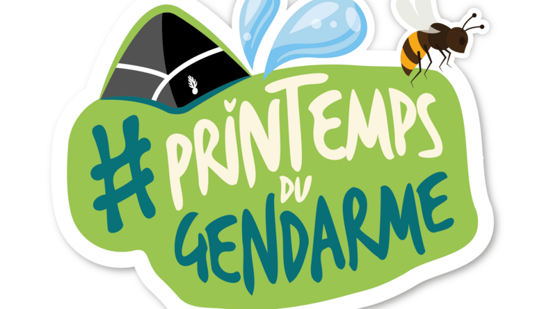 Le logo de l'opération nationale Printemps du gendarme : sur un fond vert, un calot de gendarme, deux gouttes symbolisant l'eau et une abeille.