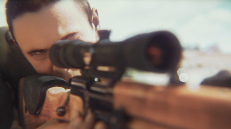 Agrandir l'image Image d'animation 3D d'un tireur du GIGN vu de face, lunette du fusil en premier plan.